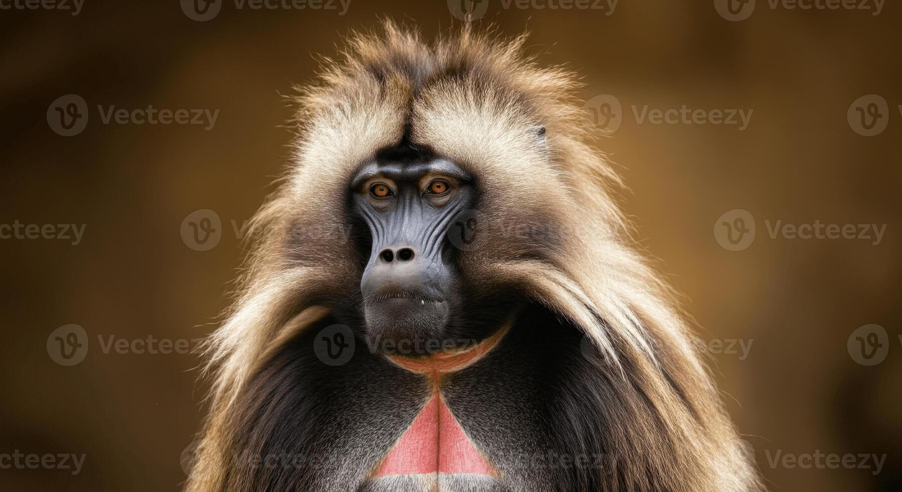 Portrait of majestic gelada baboon with striking mane in natural habitat photo