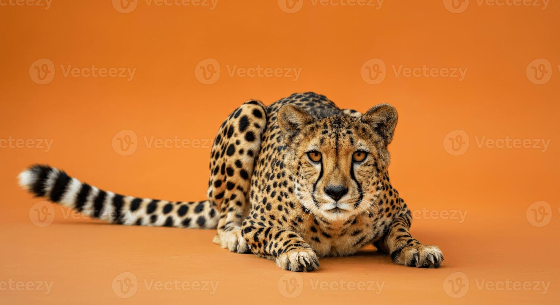 Powerful cheetah poised for action on vibrant orange backdrop photo
