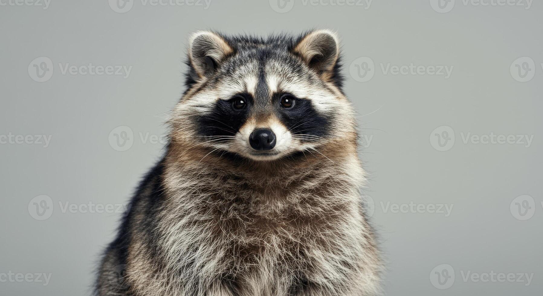 Charming portrait of a curious raccoon with striking eyes in minimalist studio setting photo