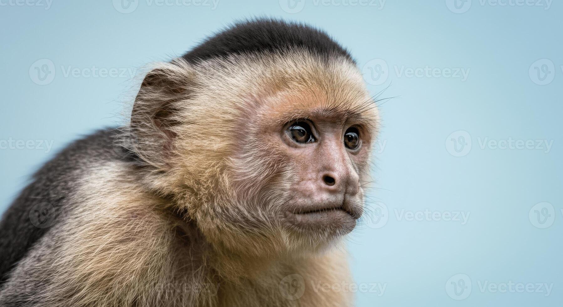 Thoughtful capuchin monkey portrait against soft blue background for nature and wildlife concepts photo