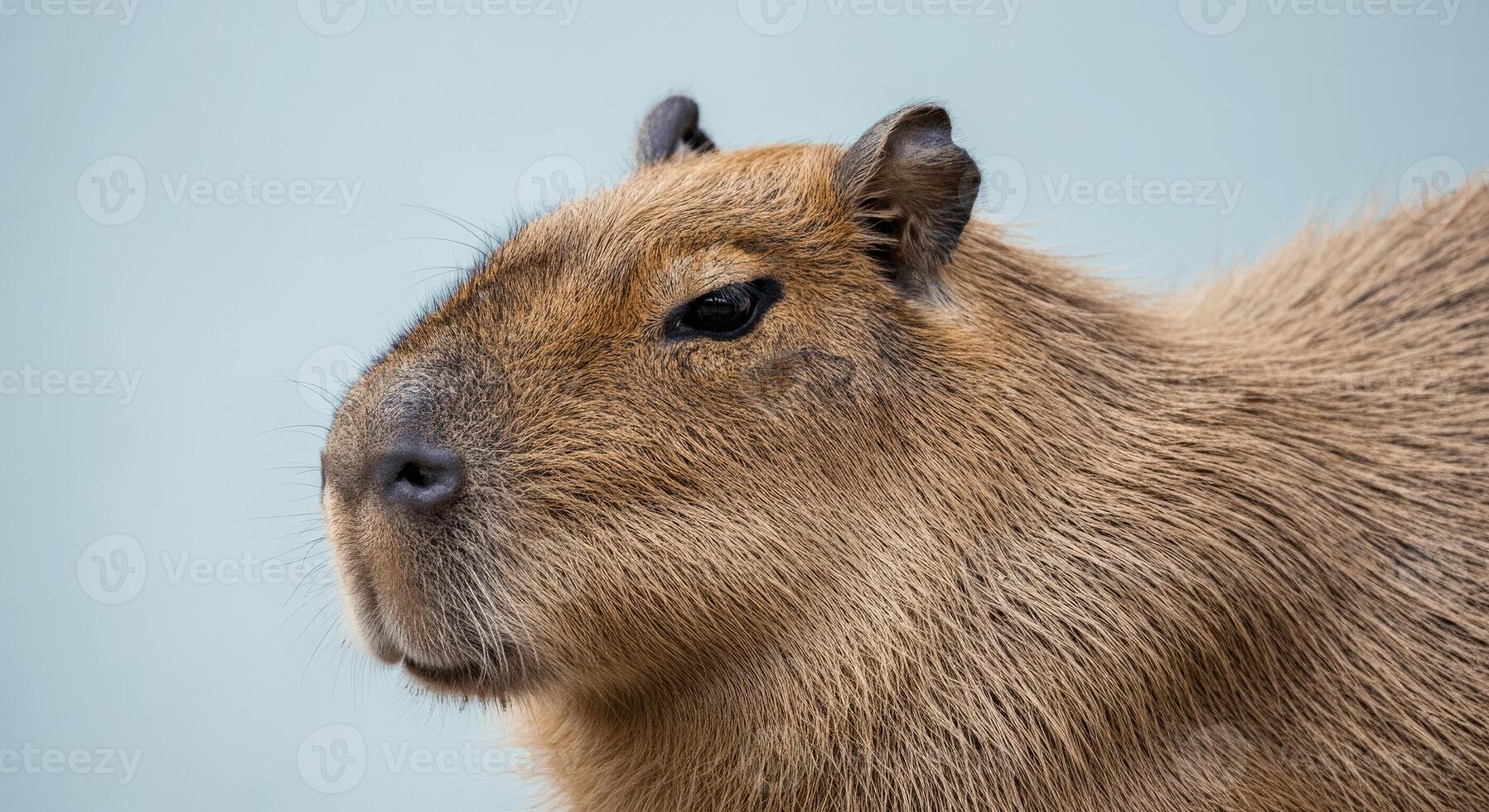 Curious capybara portrait against soft blue background for animal lovers and wildlife enthusiasts photo