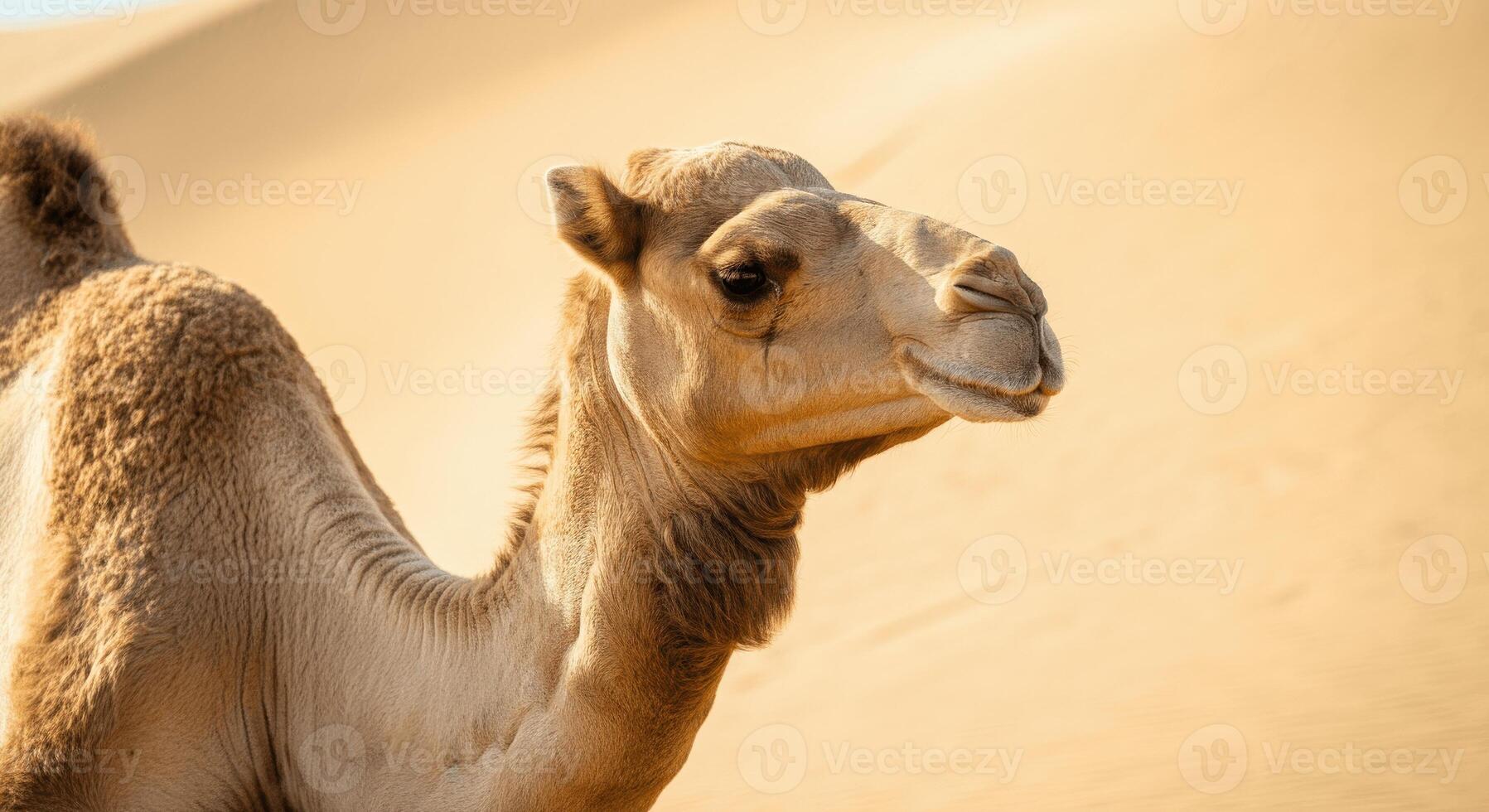 Majestic camel in golden desert landscape, perfect for nature and travel themes photo