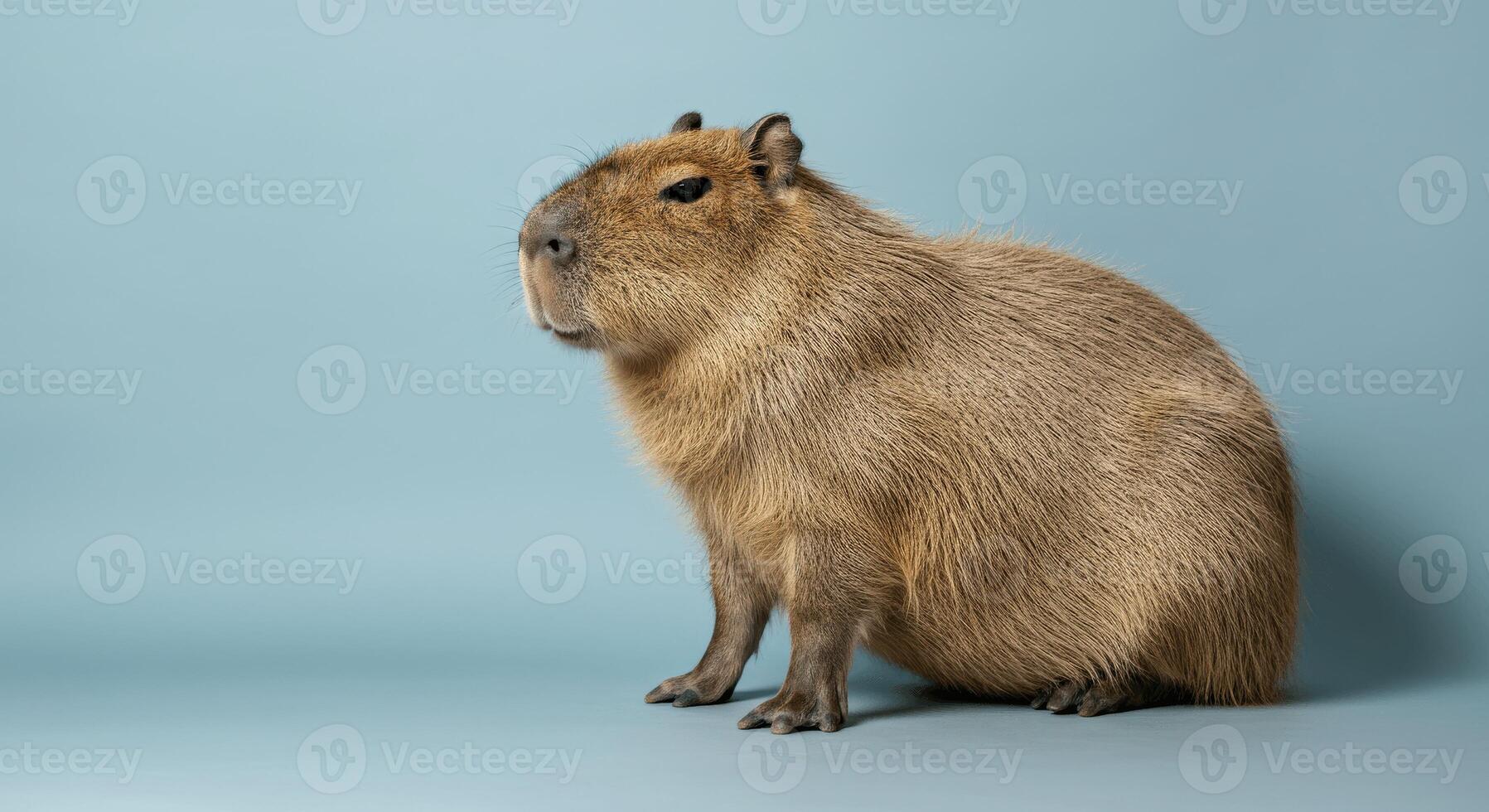Capybara portrait against blue background for nature and wildlife themes photo
