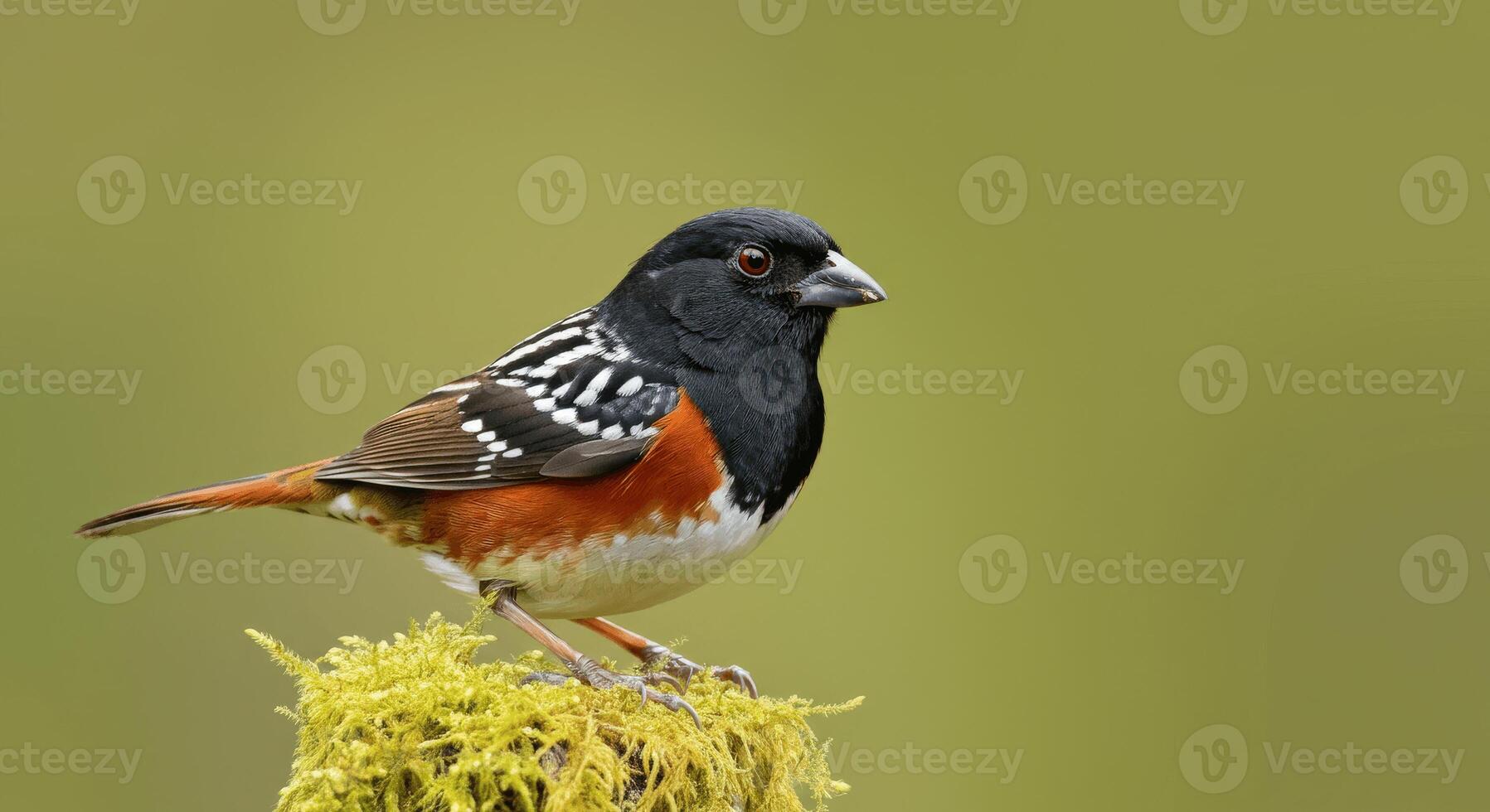 Spotted towhee perched on moss, displaying vibrant colors and natural habitat photo