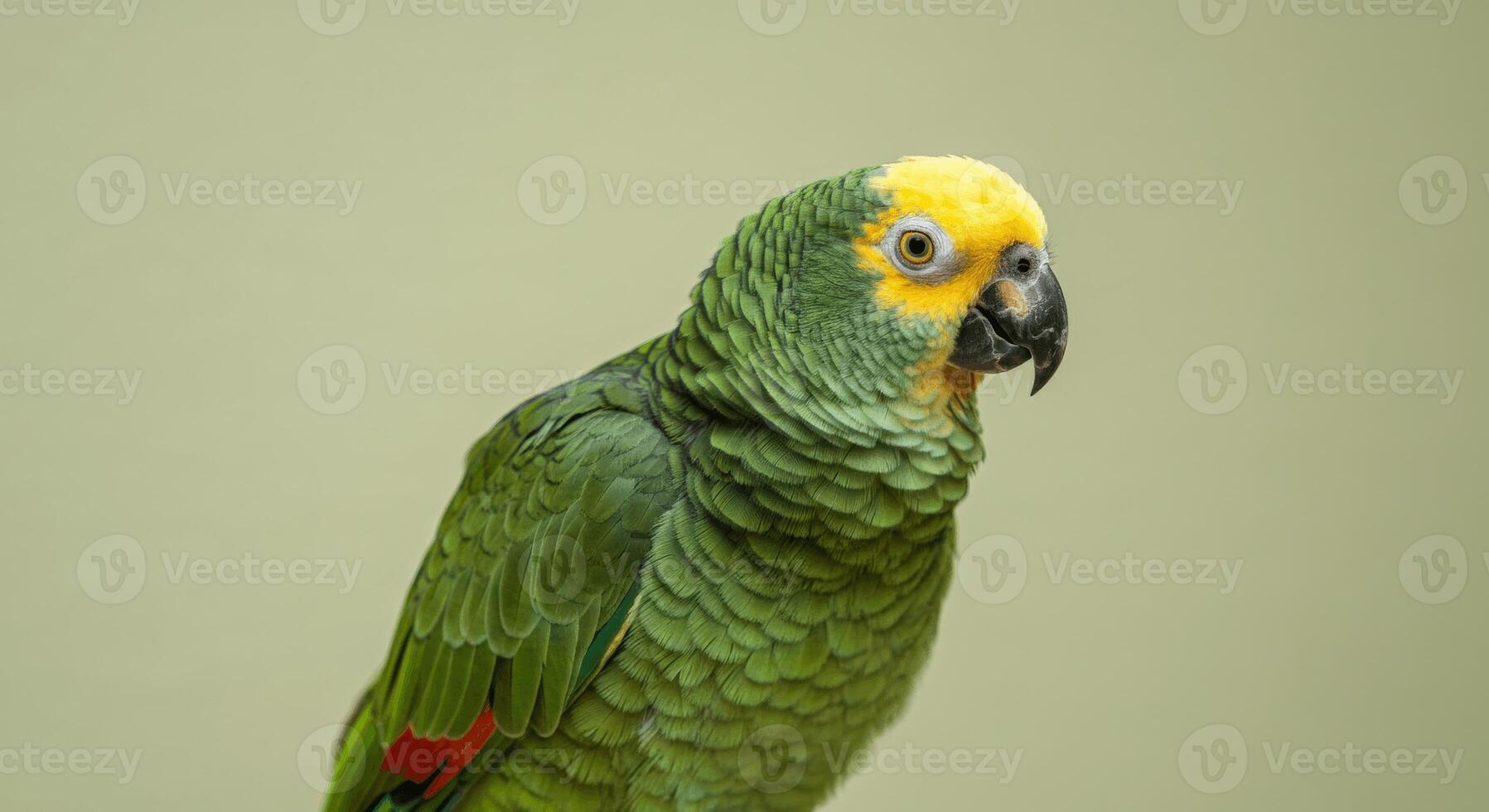 Vibrant green parrot with yellow head against neutral background photo