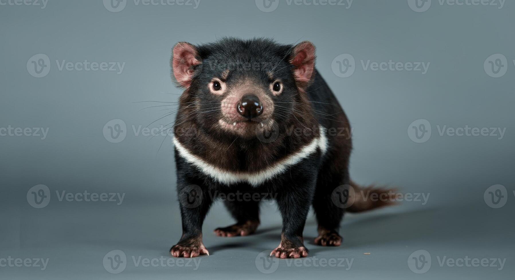 Tasmanian devil portrait against gray background for wildlife education and conservation awareness photo