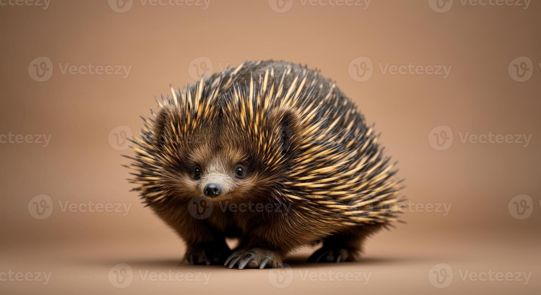 Adorable hedgehog with quills highlighted on neutral background for animal enthusiasts and nature design photo
