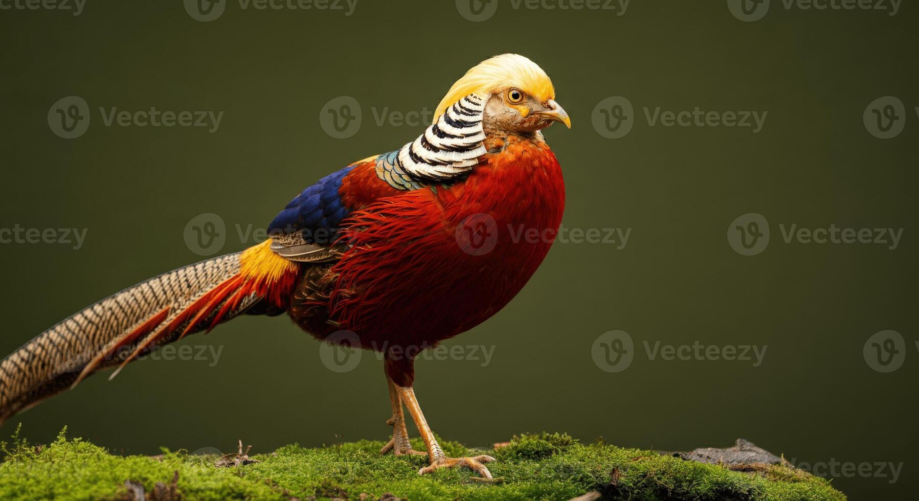 Vibrant golden pheasant standing on mossy ground against deep green background photo