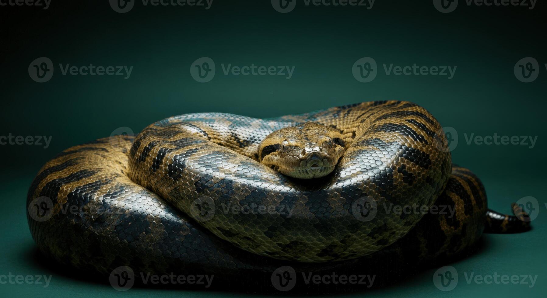 Close-up of a resting python on a dark background for wildlife education photo