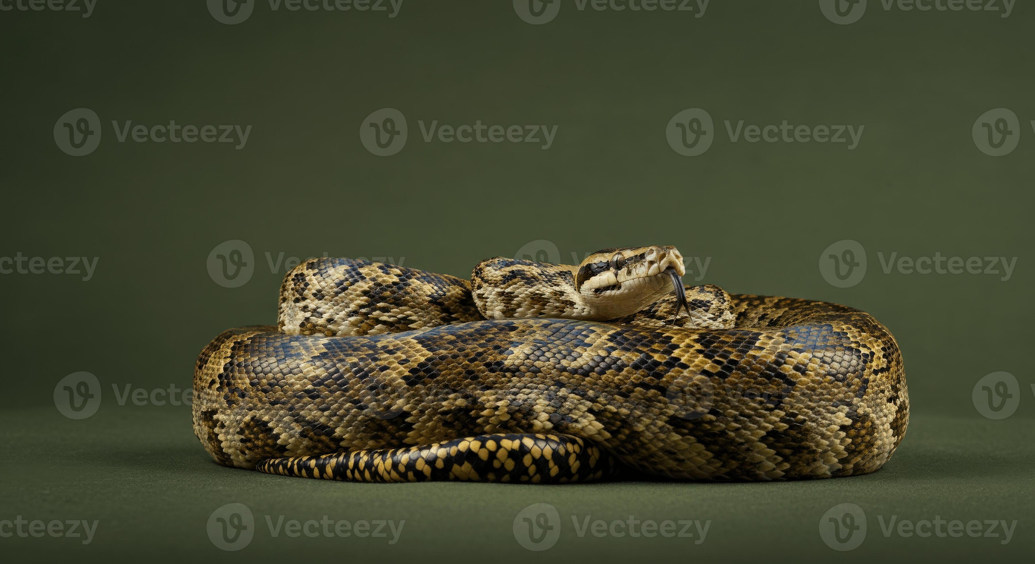 Close-up study of coiled snake on green background for wildlife and ...