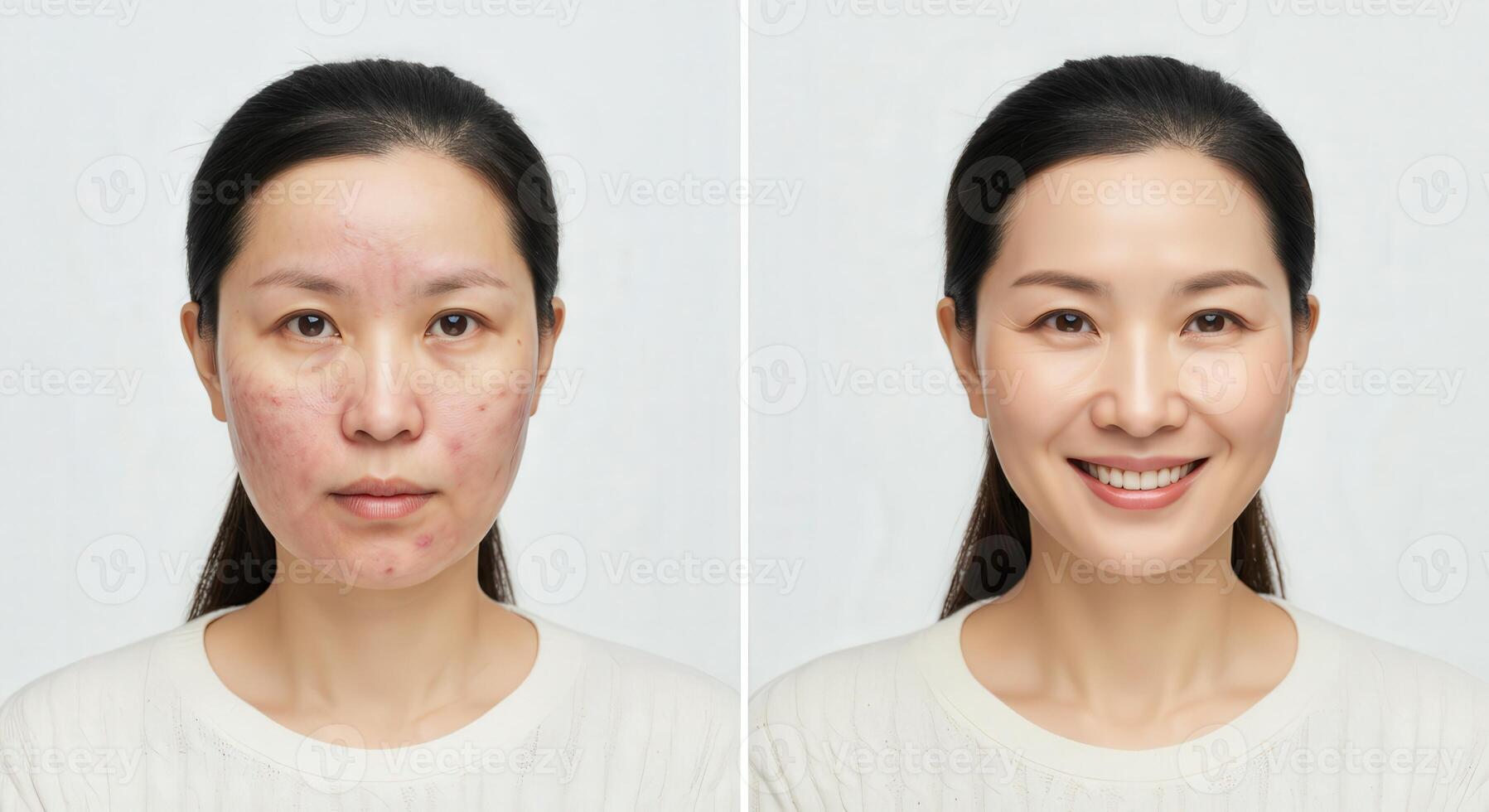 Skin transformation of asian female. before and after skincare treatment for clear complexion photo