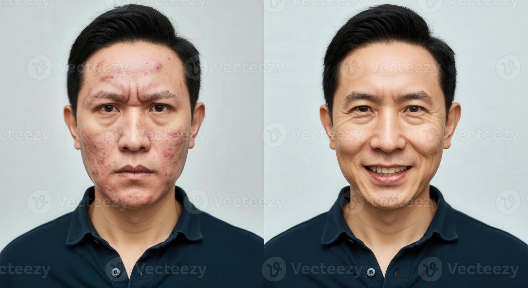 Transformation skincare concept with asian male adult, before and after treatment photo