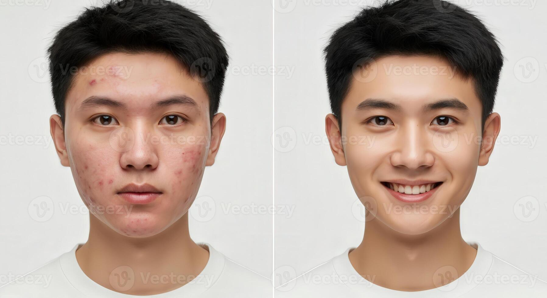 Asian young adult male acne treatment transformation for skincare awareness and dermatological health photo