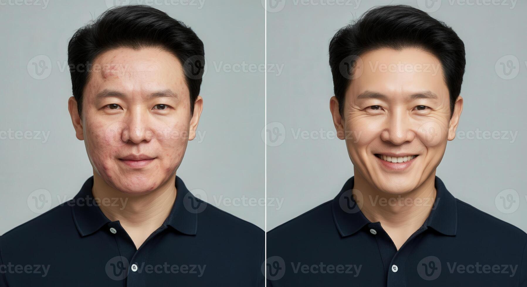 Asian male before and after skincare transformation for cleansing routine photo