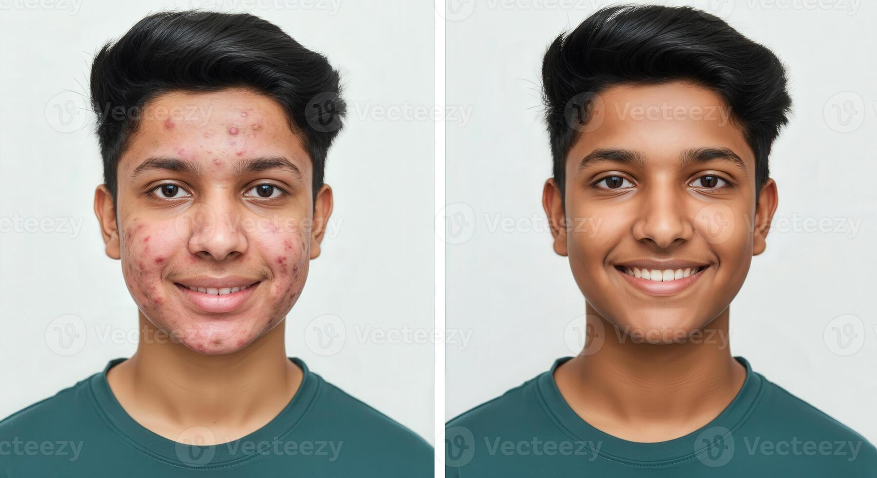 Transformation of teen male with acne to clear skin concept for skincare solutions photo
