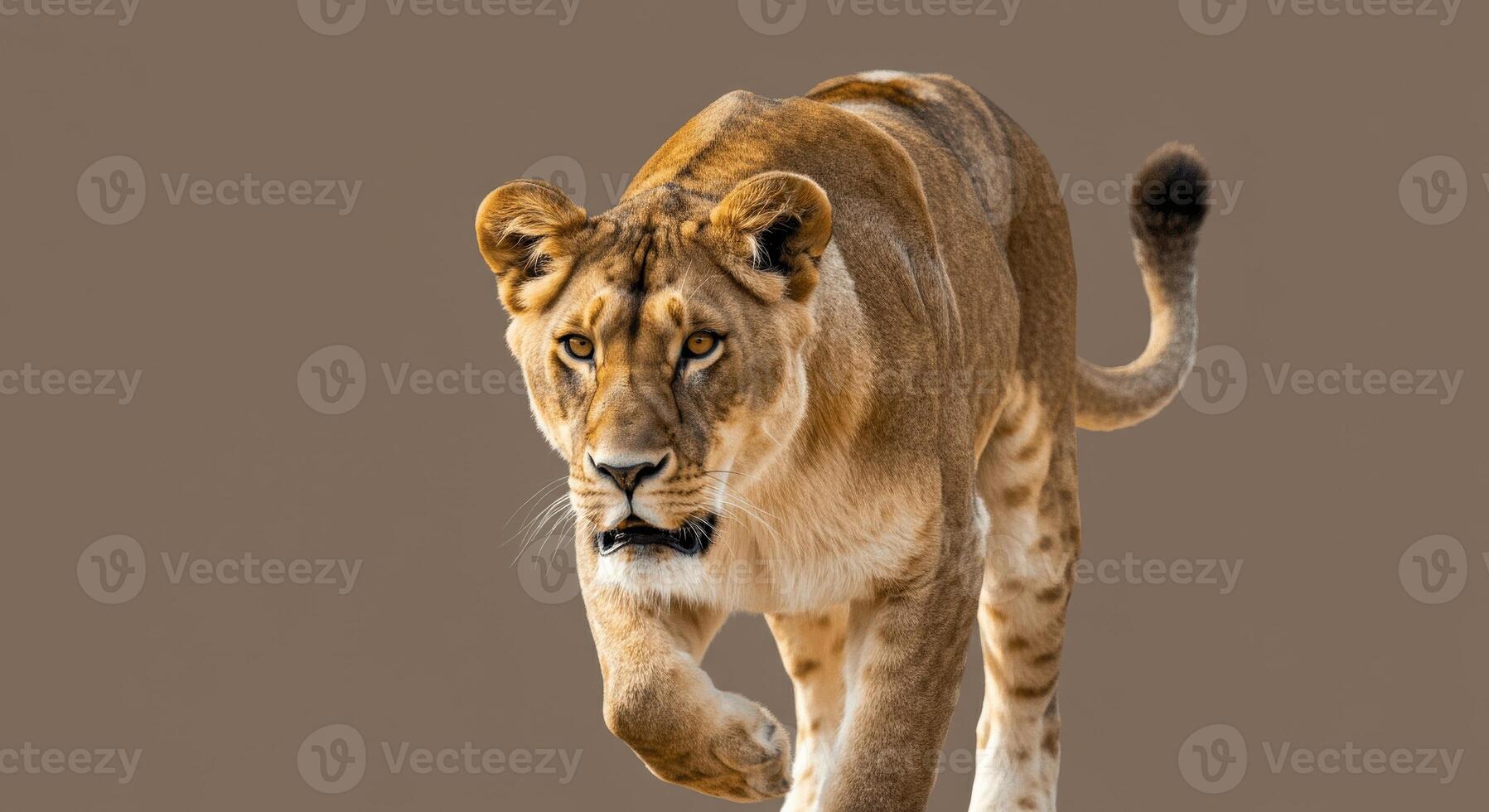 Majestic lioness in motion against a neutral background for wildlife appreciation and design photo
