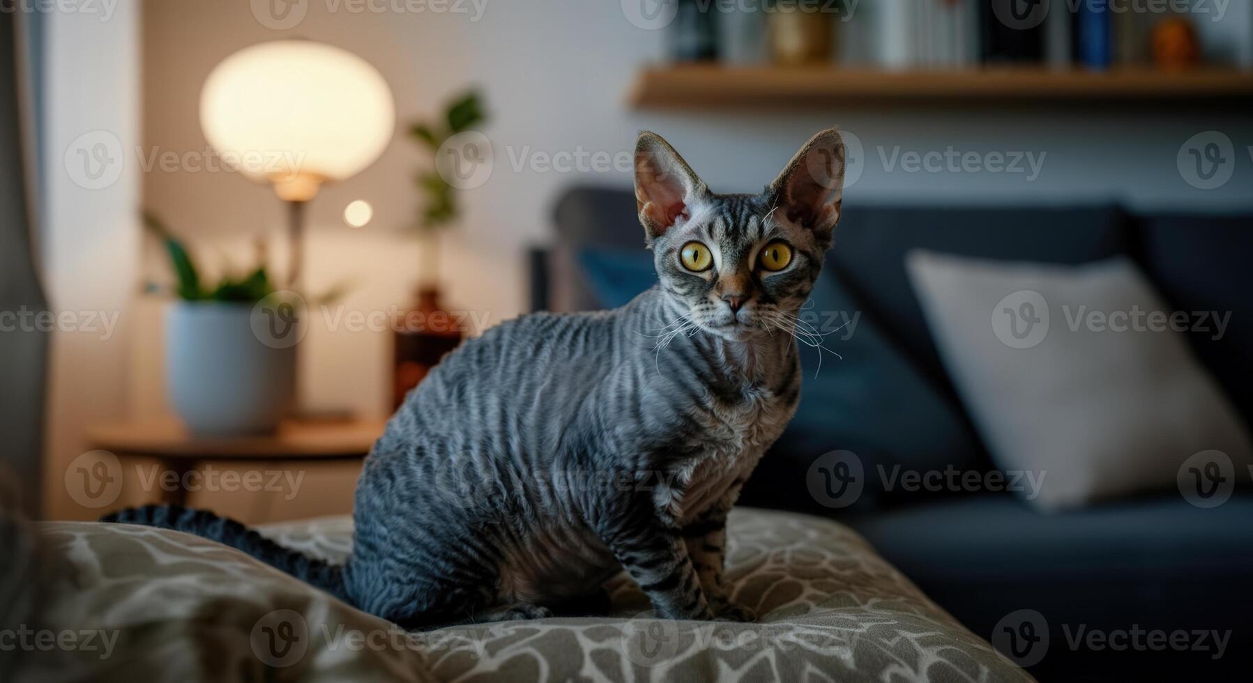Striking devon rex cat with large eyes in cozy living room ambiance photo