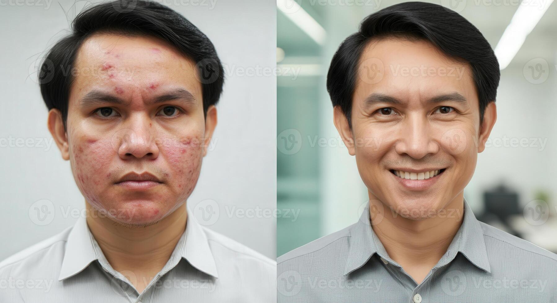 Transformative journey. skincare before and after on young asian male with acne photo