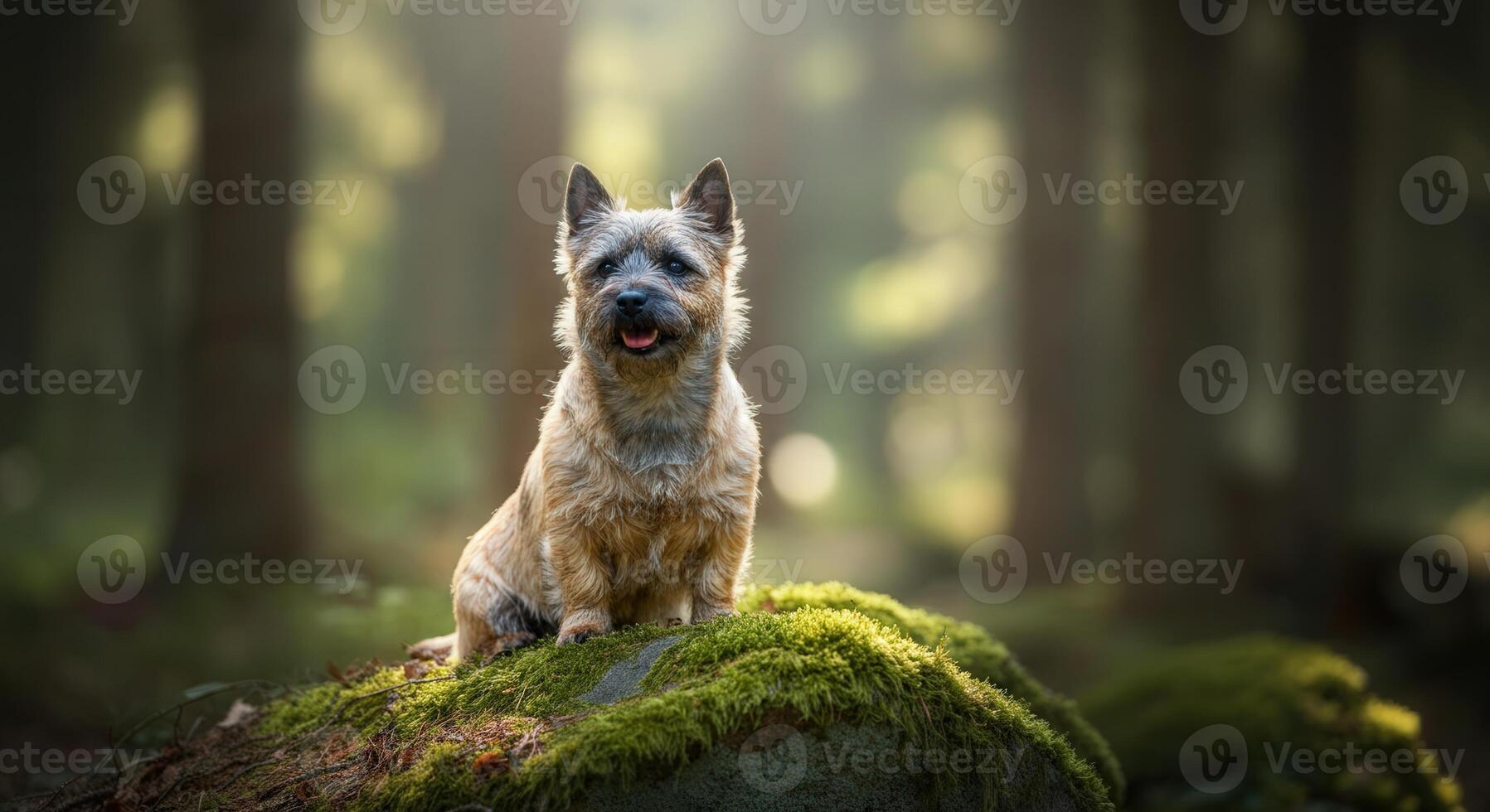 Small terrier dog in autumn forest setting for nature and canine-themed projects photo