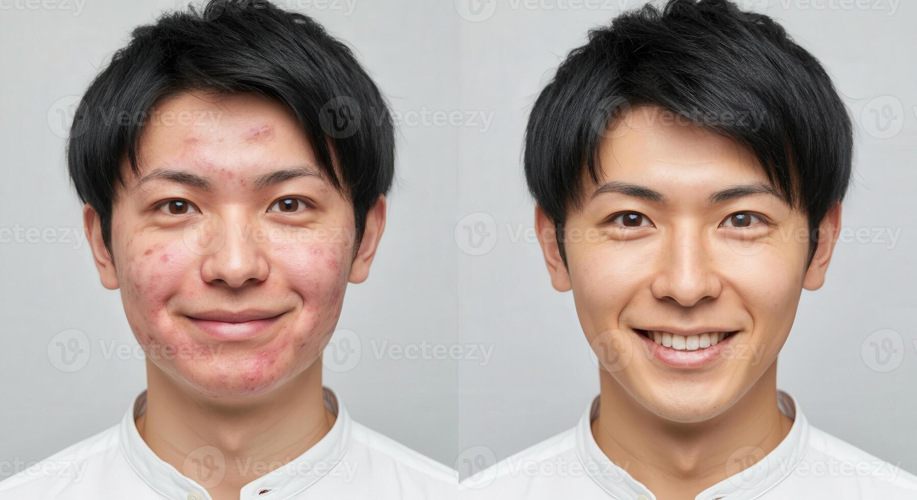 Skin health transformation concept with asian male before and after skincare treatment photo