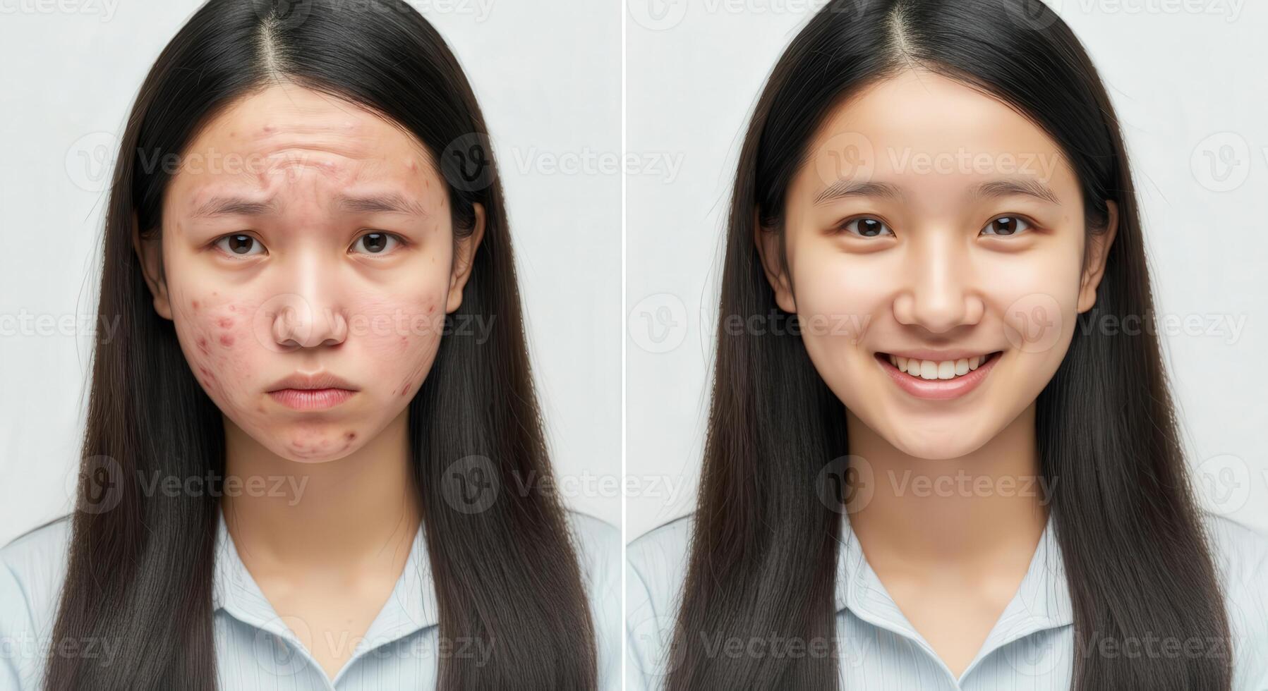 Transformation of asian female teen showing acne treatment results photo