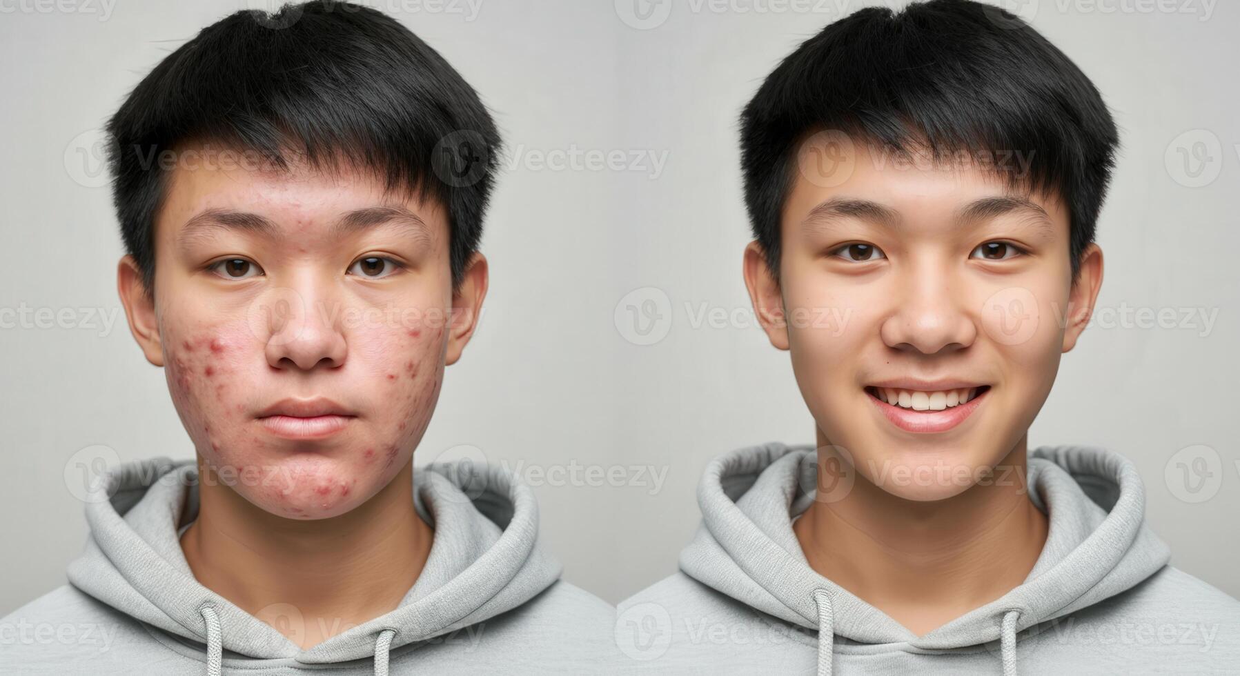 Transformation of young asian male from acne to clear skin with skincare photo