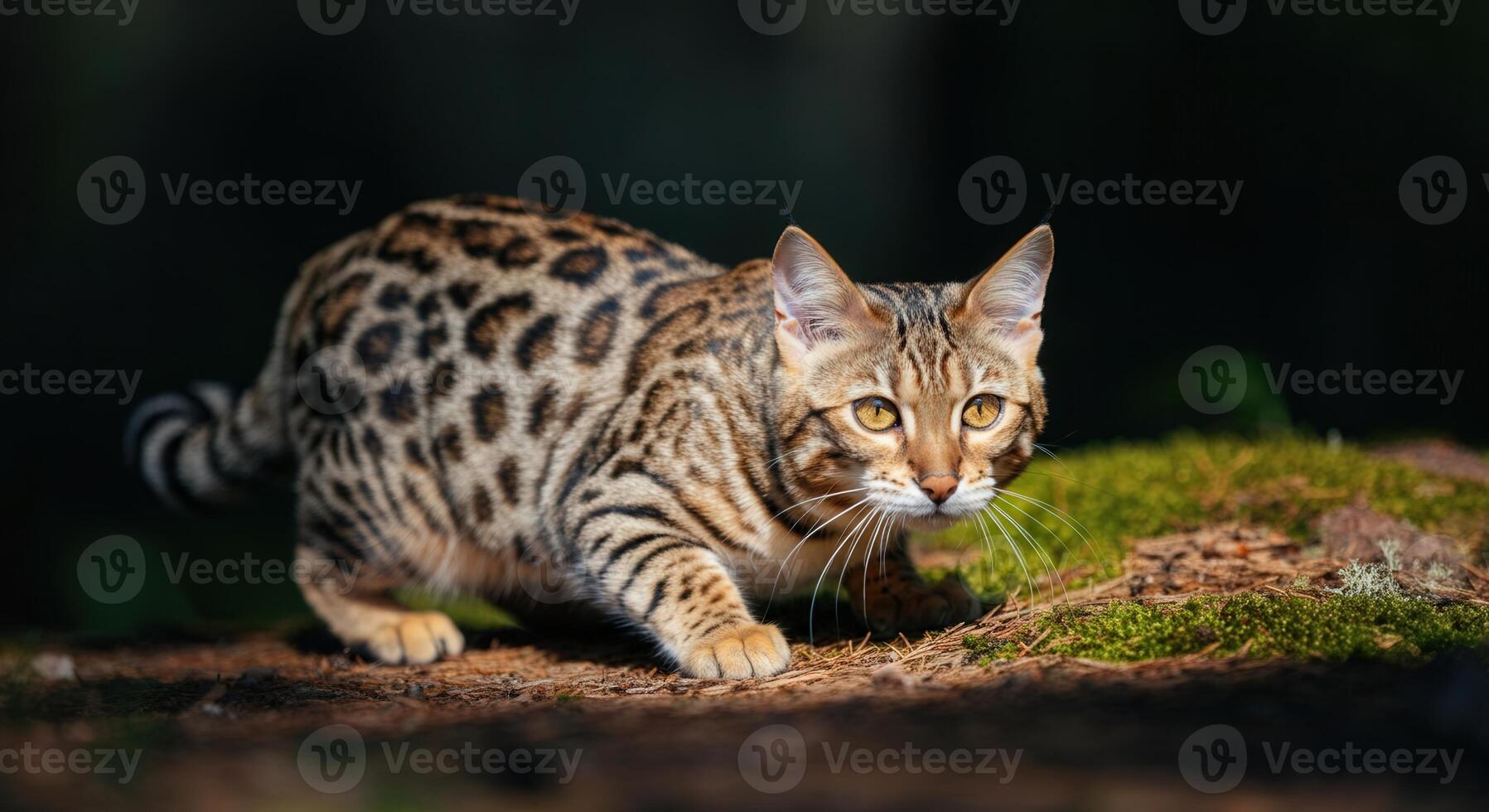 Bengal cat in natural setting exploring lush greenery and sunlit forest floor photo