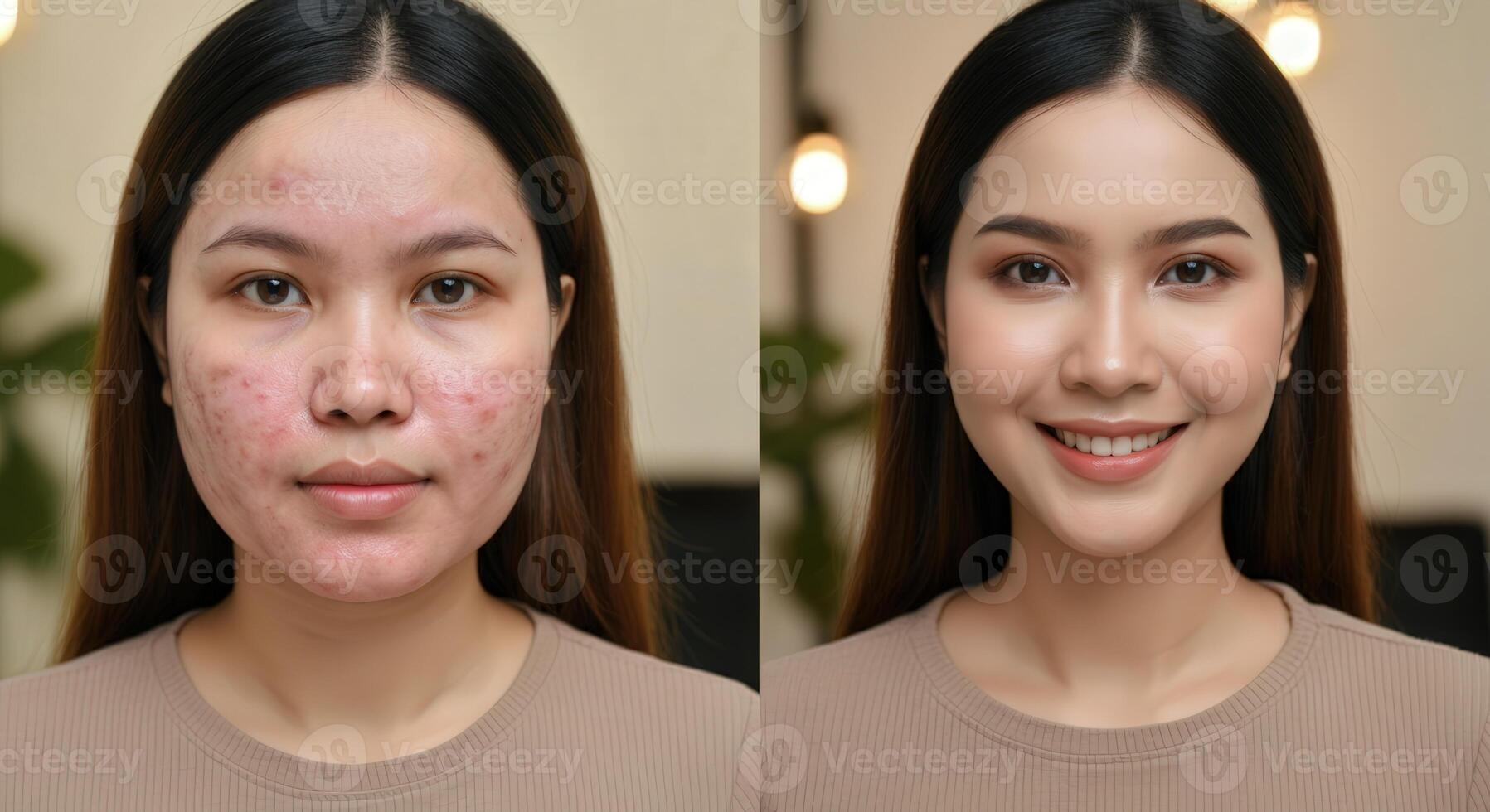 Asian female skincare transformation featuring before and after acne treatment photo