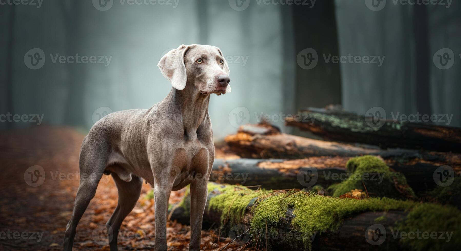 Elegant weimaraner in misty forest setting for outdoor exploration and adventure themes photo