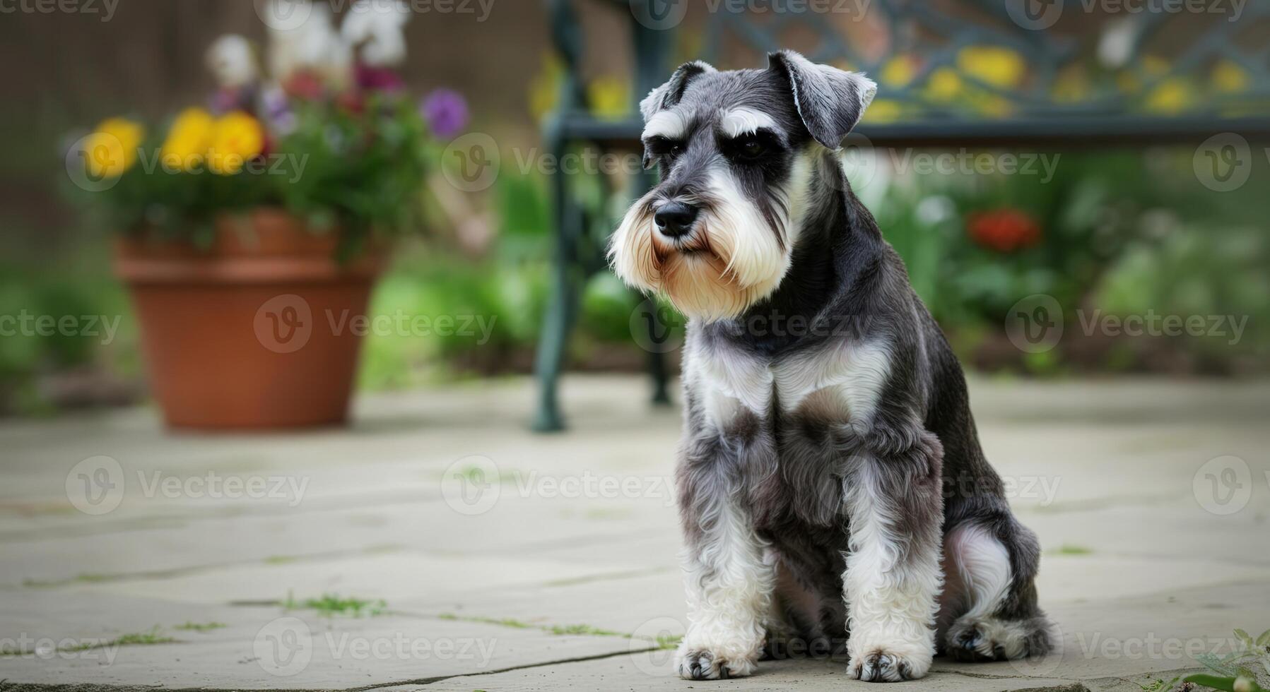 Charming schnauzer in serene garden with vibrant flower pot photo