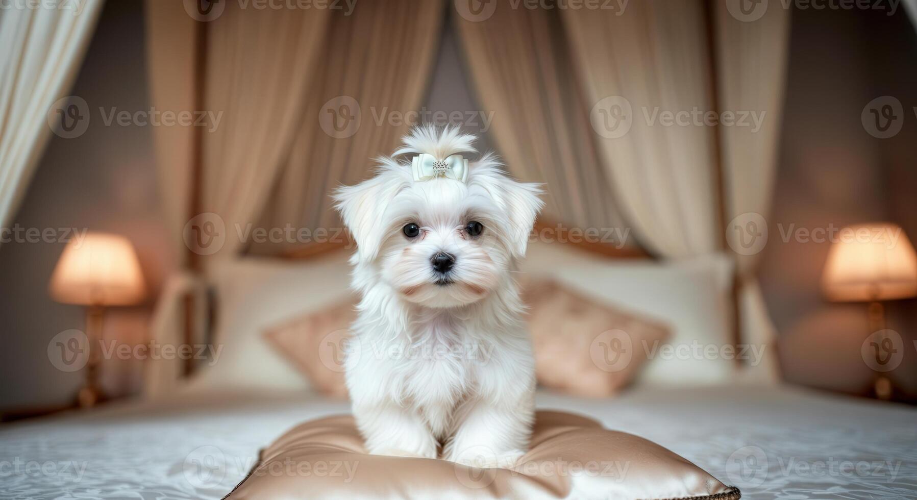 Adorable maltese puppy on luxurious bed with elegant decor and soft lighting photo