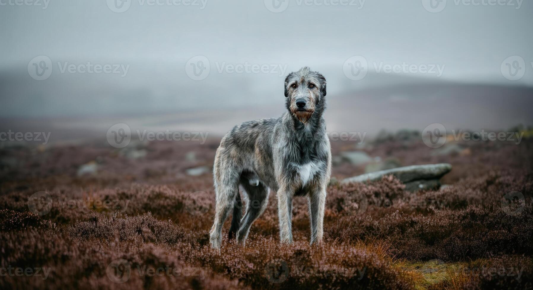 Majestic irish wolfhound in misty highland landscape photo