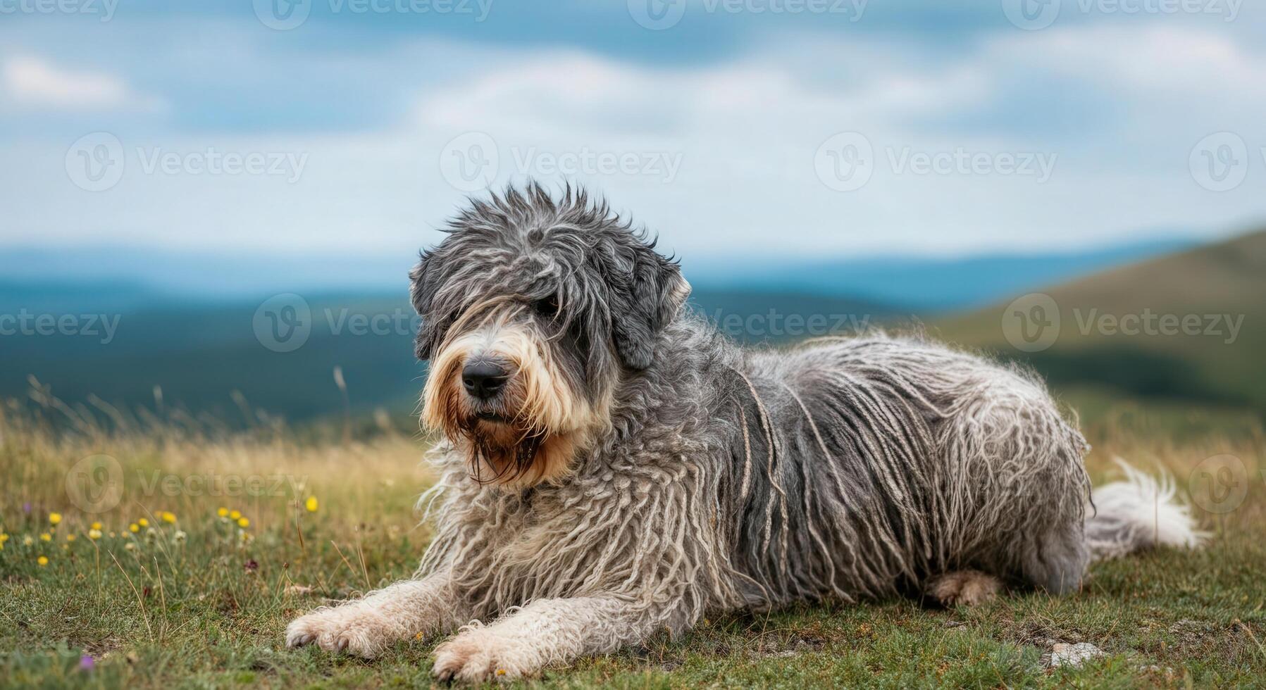 Fluffy sheepdog resting on grass in scenic mountain landscape photo