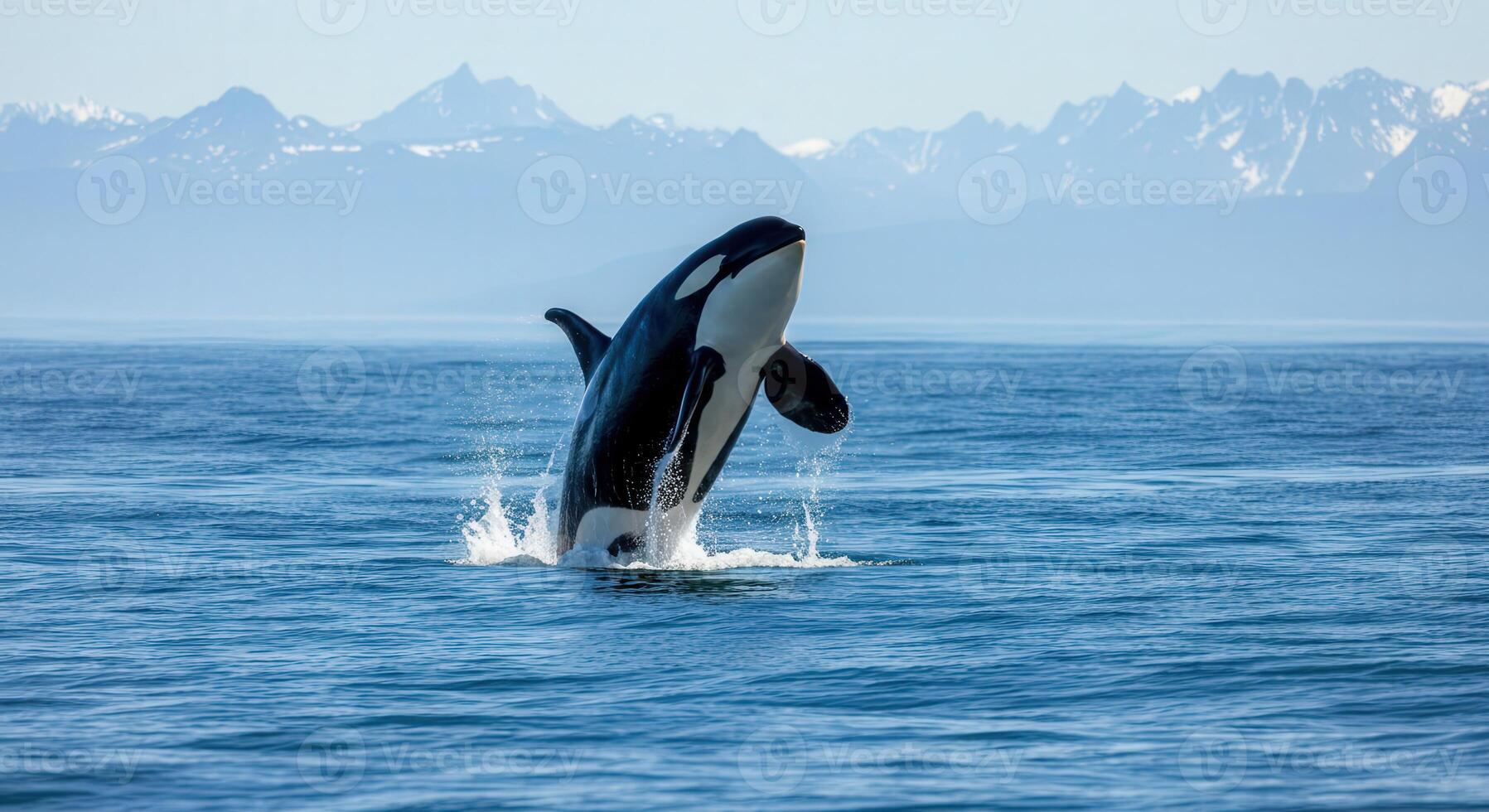 Majestic orca breaching in pristine ocean with mountain backdrop photo