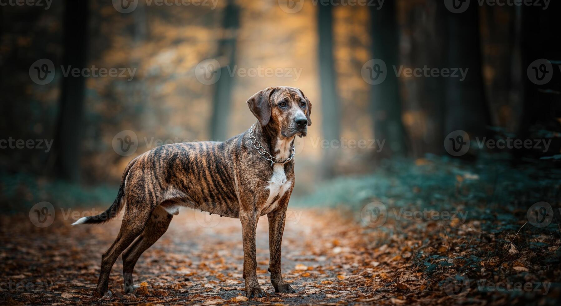 Brindle dog standing in autumn forest pathway surrounded by fall foliage photo