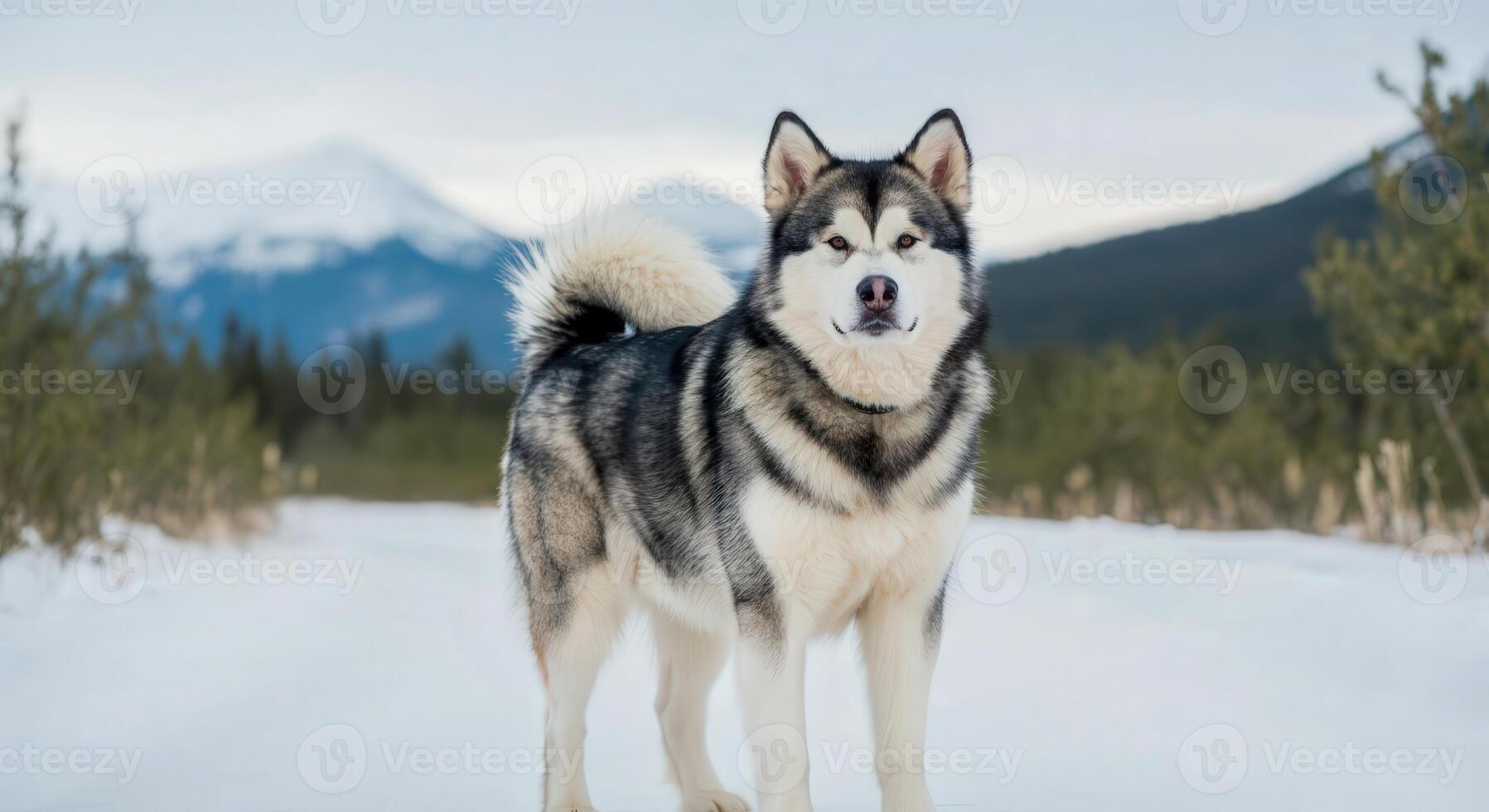 Majestic siberian husky in snowy mountain landscape for winter themes photo