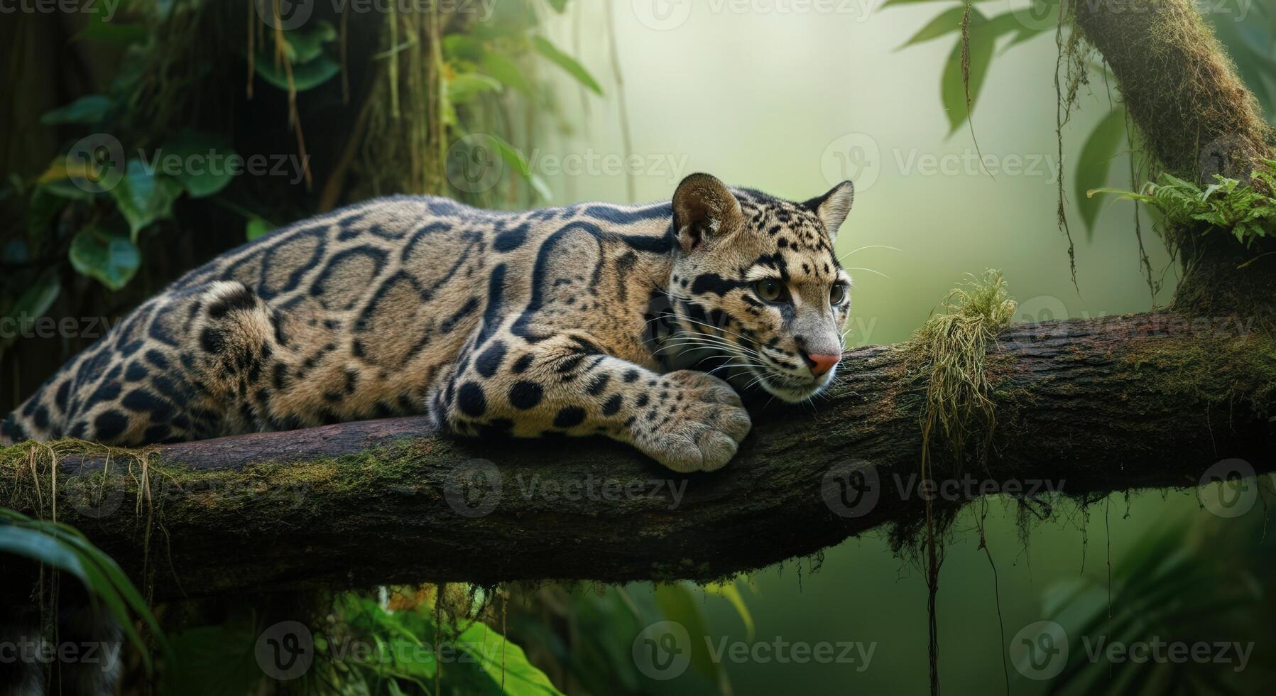 Clouded leopard resting on tree in lush rainforest jungle habitat photo
