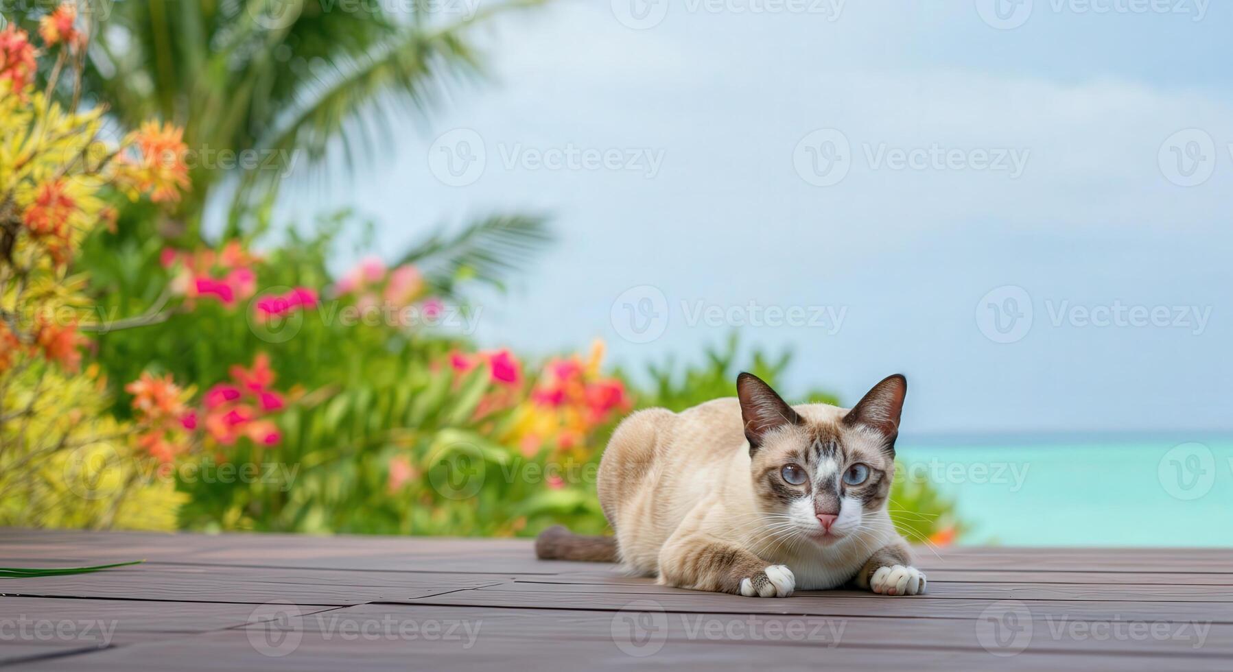 siamés gato relajante en tropical de madera cubierta con vibrante flora por el Oceano foto