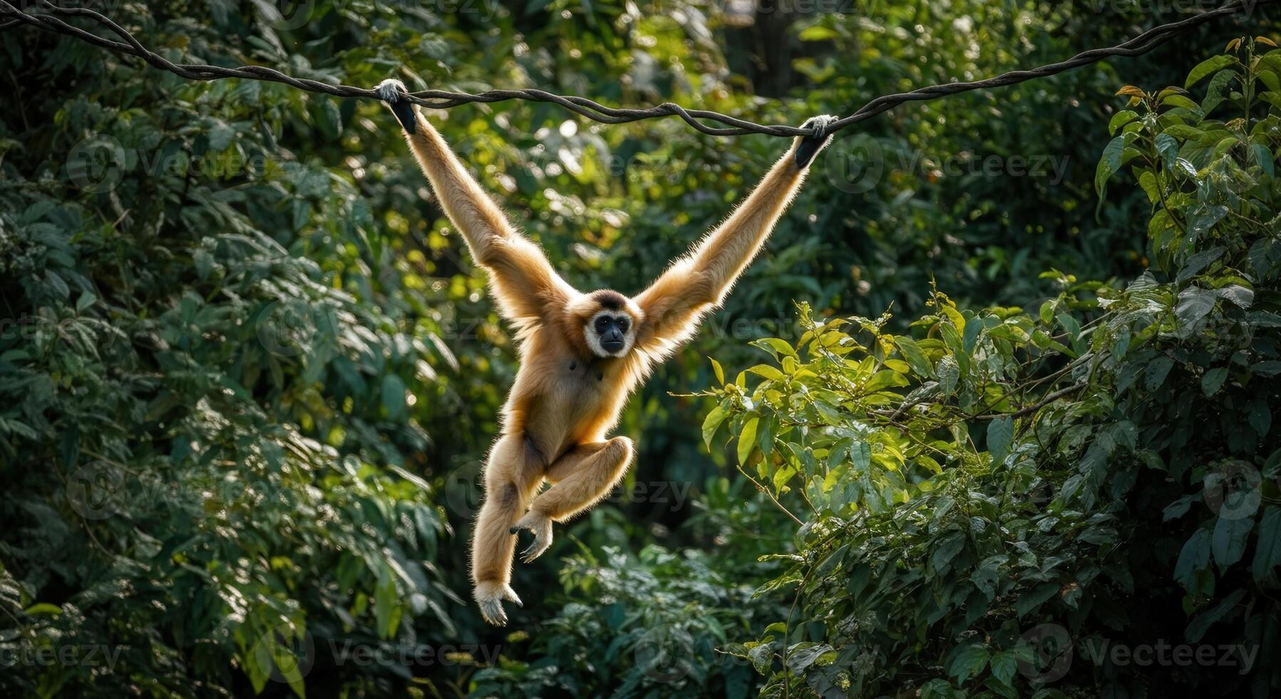 Gibbon swinging in lush green jungle for nature and wildlife enthusiasts photo