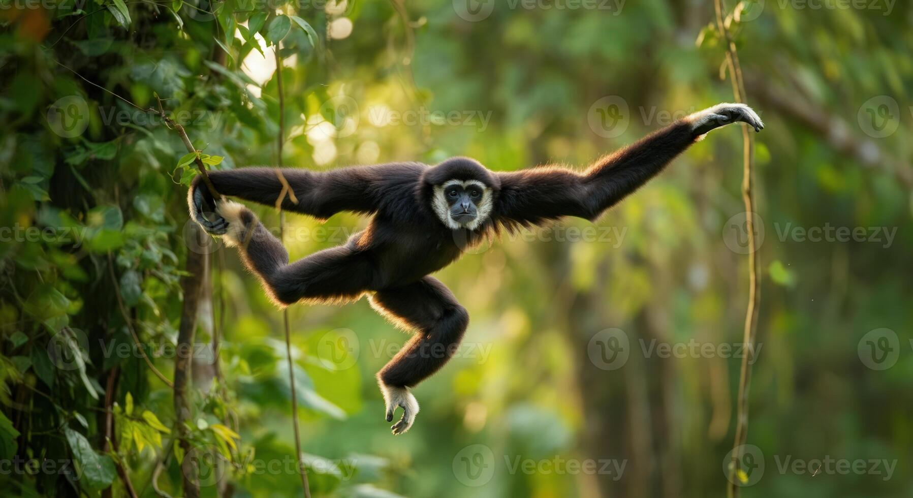 Agile gibbon in lush jungle habitat with sunlit foliage photo