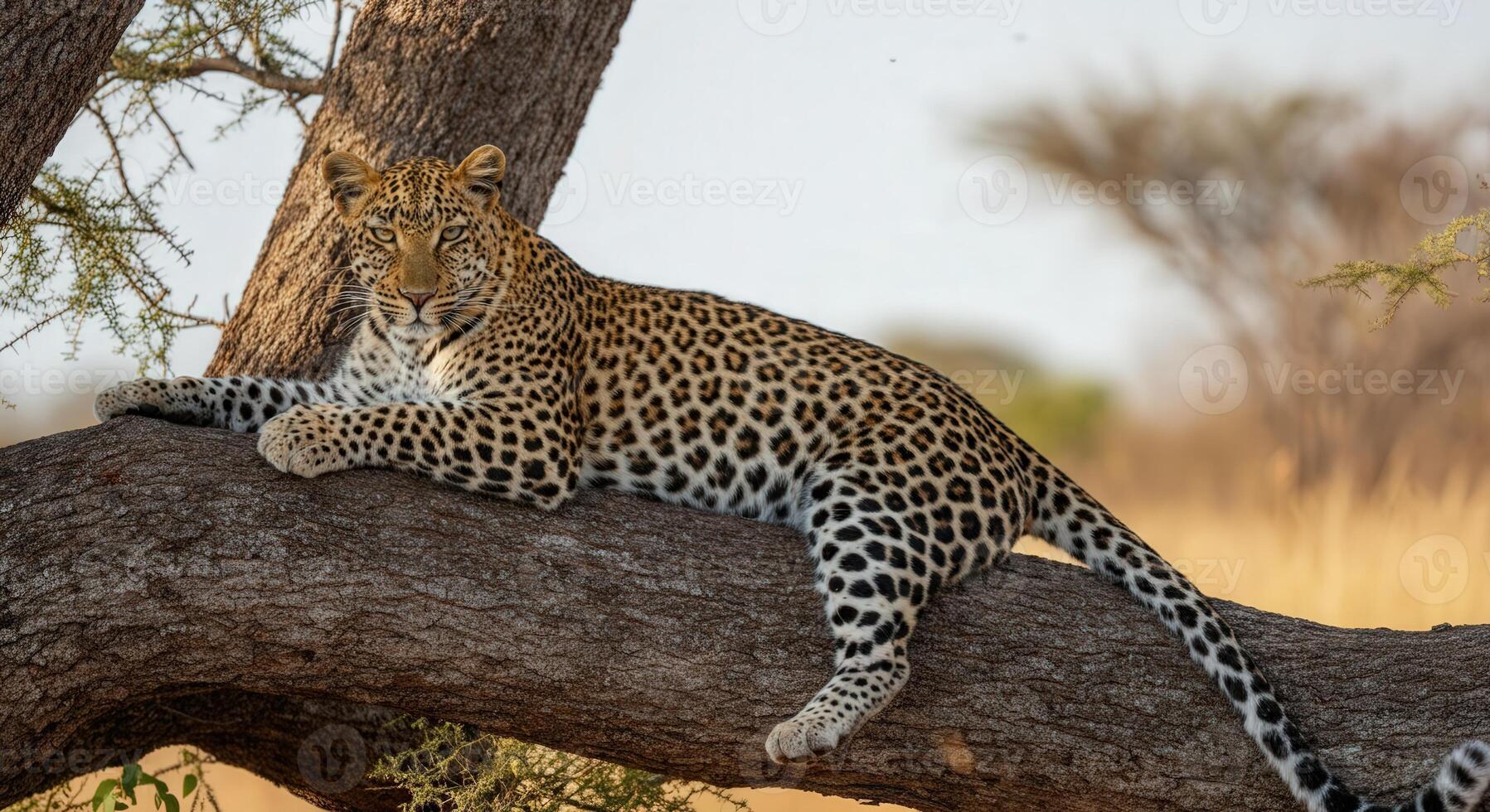 Leopard resting on tree branch in african savannah wildlife habitat photo