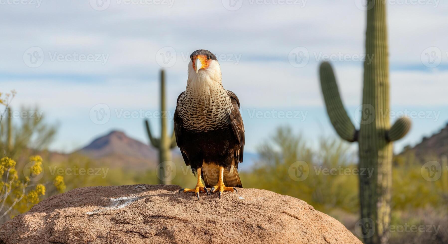 Caracara on desert rock with saguaro cactus in southwest landscape photo
