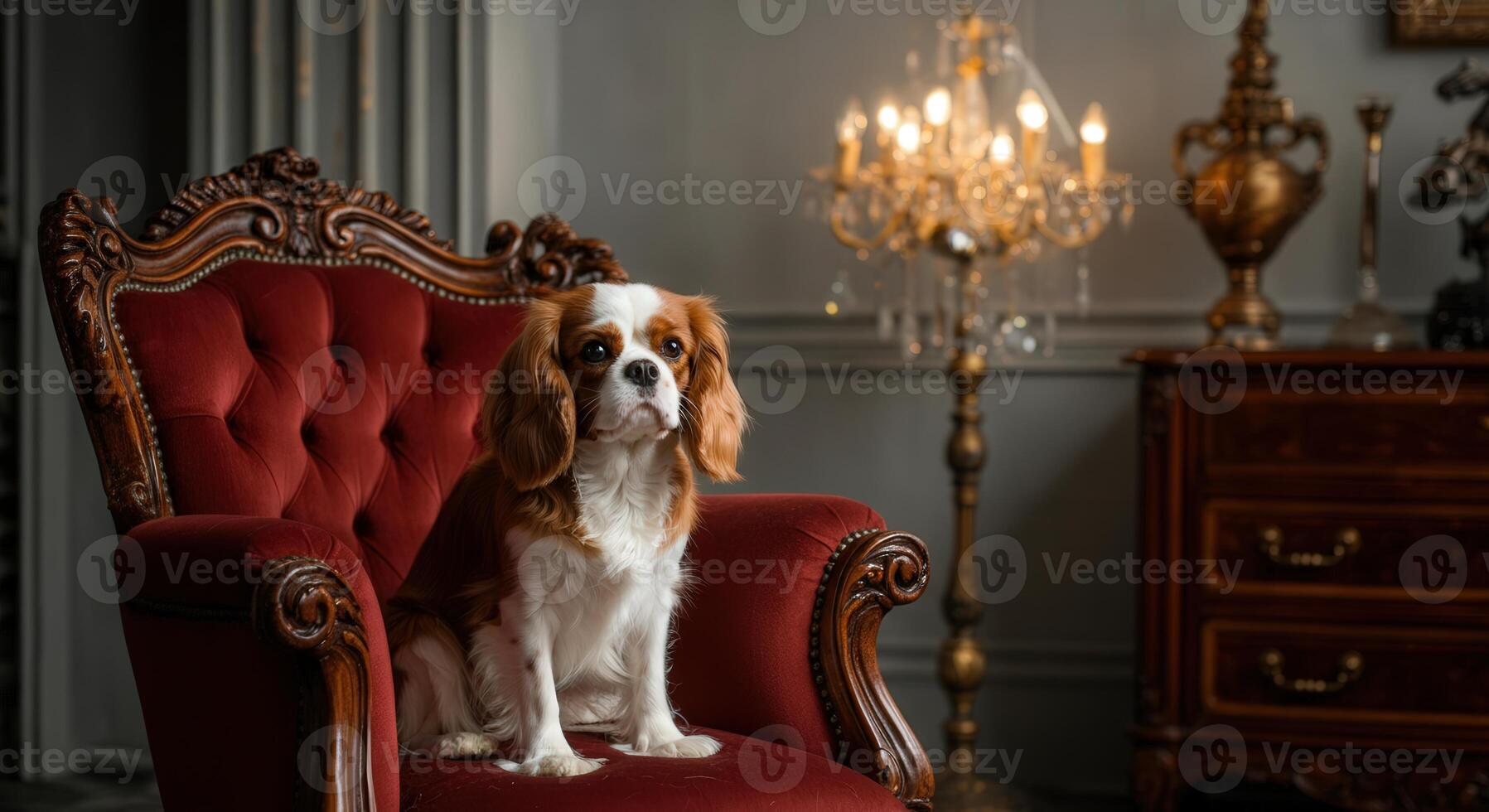 Elegant spaniel on regal chair with vintage chandelier in opulent room photo
