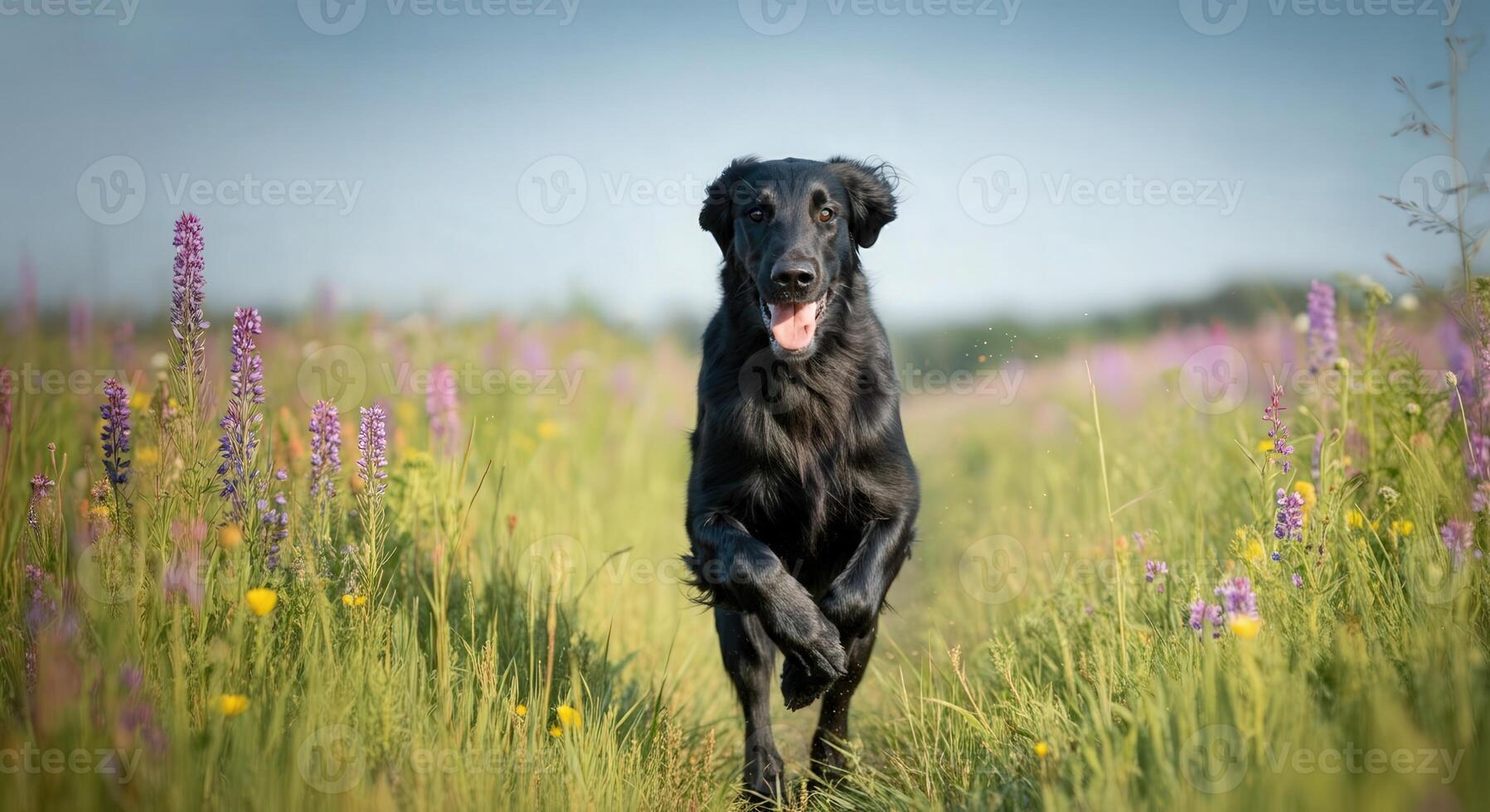 Joyful black labrador retriever running through wildflower meadow in springtime photo