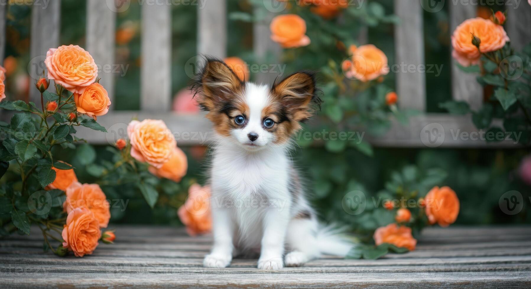 Adorable papillon puppy on rustic bench surrounded by vibrant orange roses in garden photo