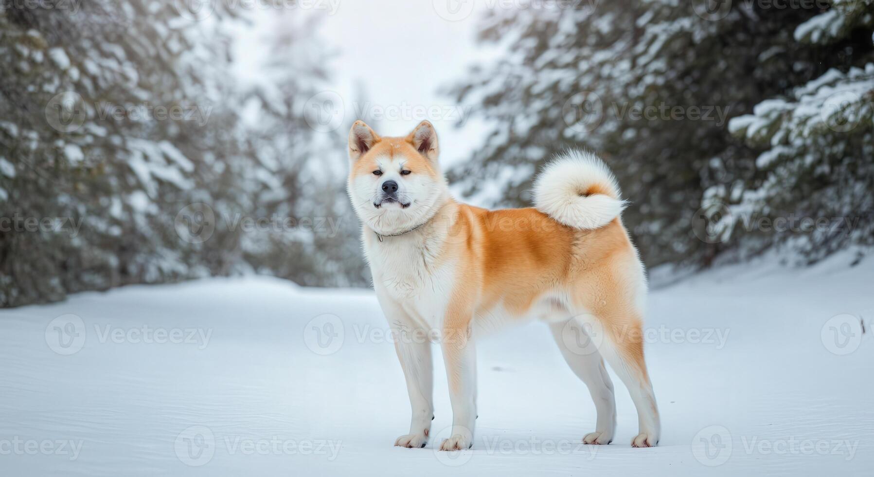 Majestic akita dog standing in snowy winter forest landscape photo