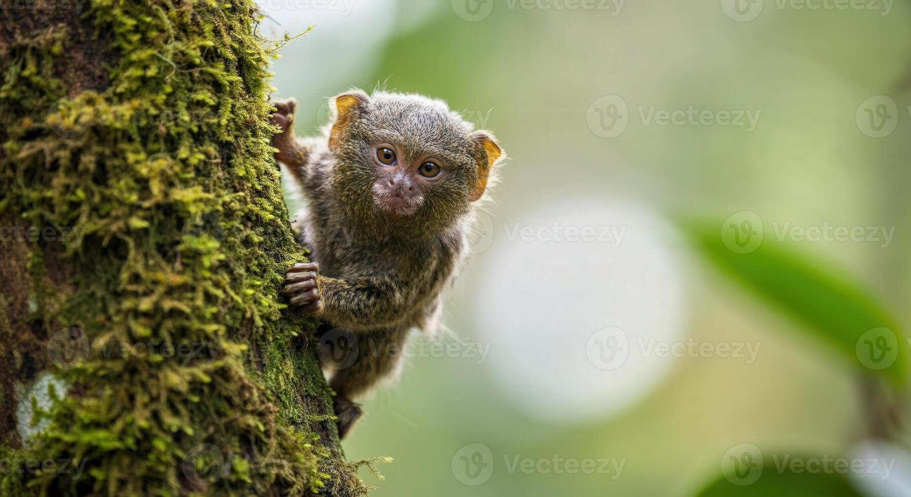 Curious pygmy marmoset in lush greenery of the amazon rainforest photo