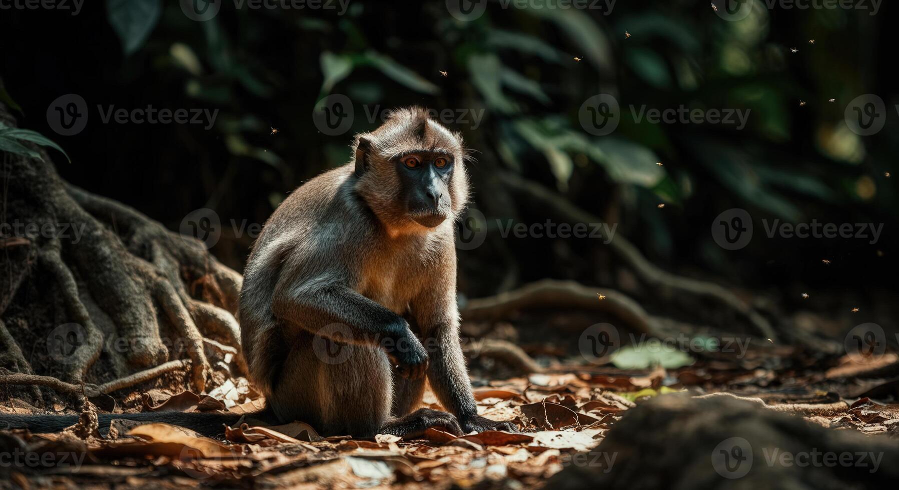 Jungle monkey in natural habitat surrounded by dense foliage and dappled sunlight photo