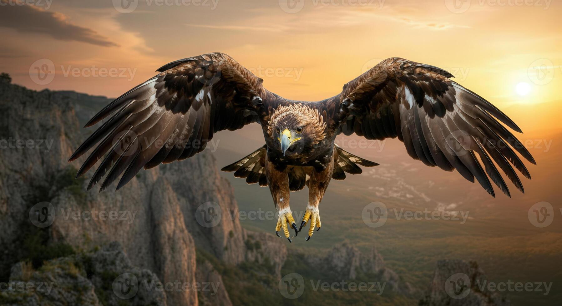 Majestic golden eagle in flight over mountain landscape at sunset photo