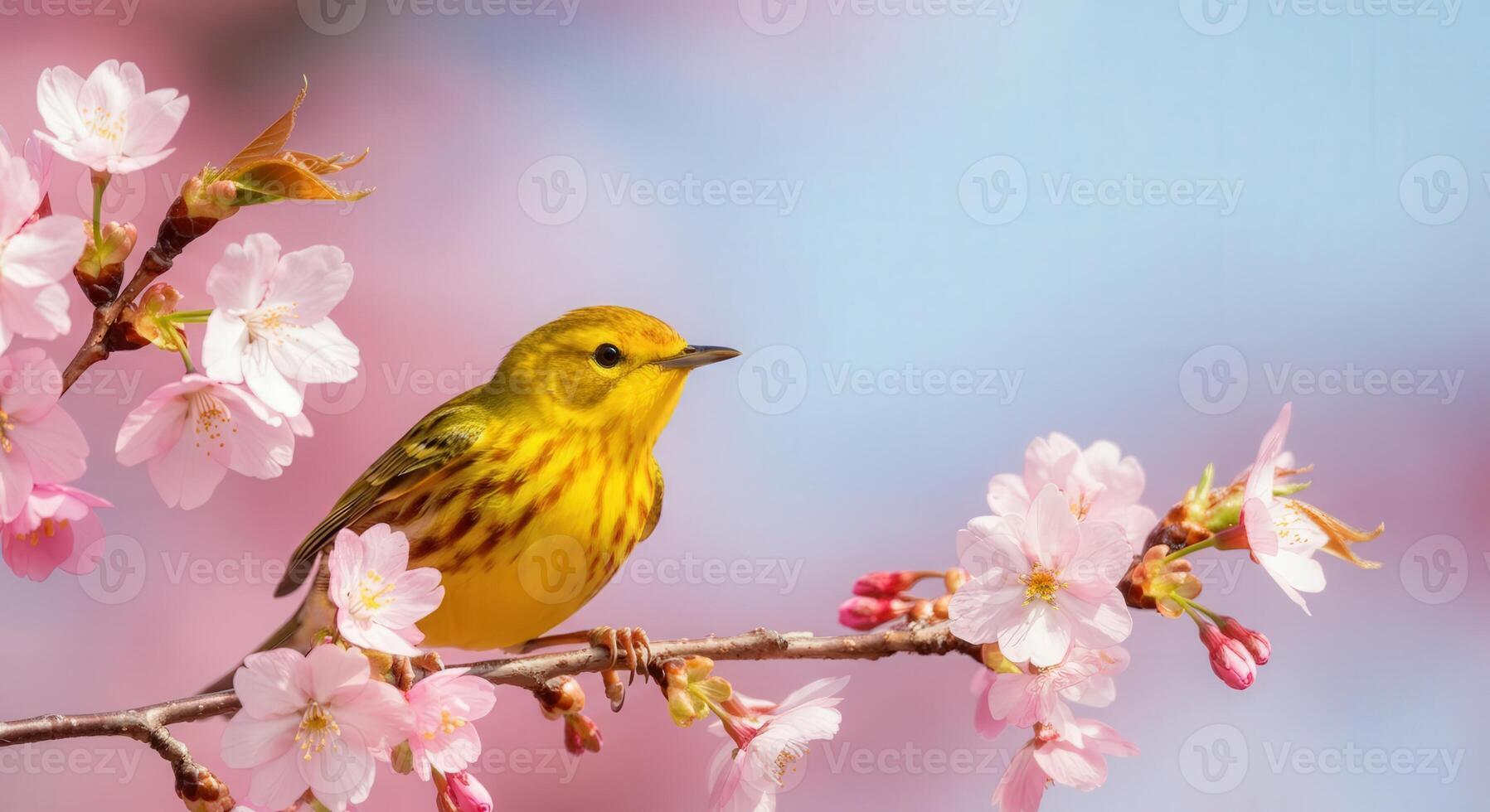 Yellow warbler perched on cherry blossom branch in springtime garden photo